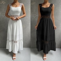 Fashion Floral Hollow Out Square Neck Midi Dress