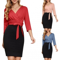 Elegant Contrast Color V-neck Elbow Sleeve Self-tie Bodycon Dress
