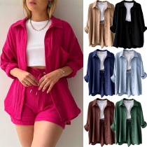 Comfy Solid Color Two-piece Set Consist of Long Sleeve Cardigan and Drawstring Shorts