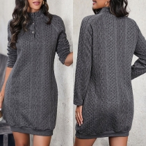Fashion Button Mock Neck Long Sleeve Cable Pattern Knitted Dress