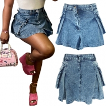 Street Fashion Side Patch Pockets Ruffle Old-washed Denim Mini Skirt