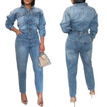 Street Fashion Stand Collar Patch Pockets Front Button Elastic Waist Old-washed Denim Jumpsuit