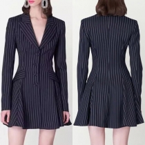 Elegant Vertical Stripe Printed Notch Lapel Long Sleeve Ruffle Hemline Suit Dress