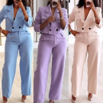Fashion Solid Color Two-piece Suit Set Consist of Double-breasted Crop Blazer and Straight-cut Pants
