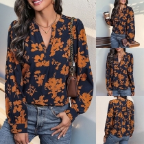 Fresh Style Floral Printed V-neck Long Sleeve Shirt