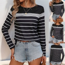 Casual Black and White Stripe Printed Crew Neck Long Sleeve Shirt