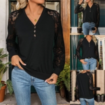 Fashion Lace Spliced Long Sleeve Button V-neck Shirt