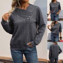 Fashion Cable Pattern Ruched V-neck Long Sleeve Sweatshirt