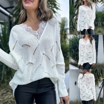 Street Fashion Lace Spliced V-neck Long Sleeve Hollow Out Sweater