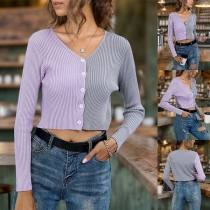 Fashion V-neck Long Sleeve Contrast Color Crop Cardigan