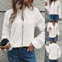 Fashion Swiss-dot Lace Spliced Self-tie Ruffle Crew Neck Long Sleeve Shirt