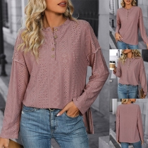 Fashion Jacquard Button Crew Neck Long Sleeve Shirt