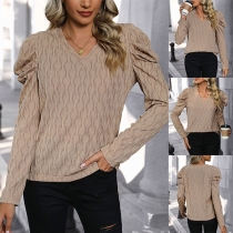 Fashion Texture V-neck Puff Long Sleeve Shirt