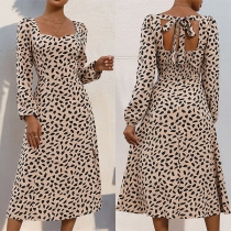 Fashion Square Neck Long Sleeve Self-tie Backless Printed Dress