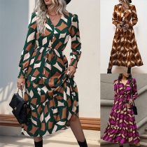 Fashion Contrast Color Printed V-neck Long Sleeve Midi Dress