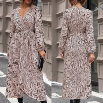 Fashion Leopard Printed V-neck Long Sleeve Self-tie Slit Midi Dress
