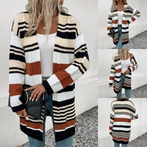 Fashion Contrast Color Stripe Printed Long Sleeve Thin Knitted Cardigan