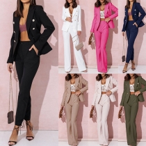Elegant Solid Color Two-piece Suit Set Consist of Double-breasted Blazer and Pants