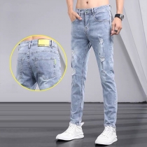 Men's Slim-Fit Ripped Jeans: Light-Colored Stretch Denim Casual Pants