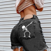 Casual Tassel-Trim Skull Print Ripped Denim Jean Shorts