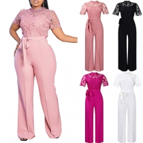 Fashion Lace Spliced Bodice Short Sleeve Wide-leg Self-tie Jumpsuit
