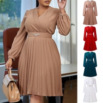 Elegant Solid Color V-neck Long Sleeve Pleated Dress