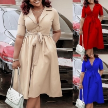 Elegant Solid Color Notch Lapel Short Sleeve Front Button Dress with Belt