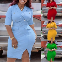 Elegant Solid Color Double-breasted Notch Lapel Slit Bodycon Dress with Belt