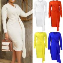 Fashion Solid Color V-neck Long Sleeve Wrap Bodycon Dress