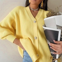 Casual Solid Color V-neck Long Sleeve Knitted Cardigan