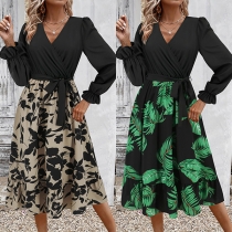 Fashion Contrast Color Floral Printed V-neck Long Sleeve Self-tie Mini Dress