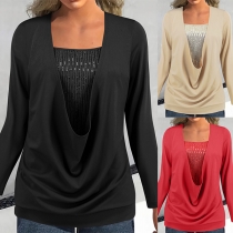 Fashion Sequin Spliced Front Draped Long Sleeve Shirt