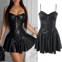 Sexy Sweatheart Neckline Front Lace-up Back Zipper Ruffle Hemline  Artificial Leather PU Cami Dress