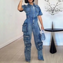 Washed Denim Overalls: Multi-Pocket Short-Sleeve Jumpsuit with Long Pants