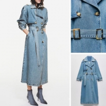 Relaxed-Fit Double-Breasted Denim Trench Coat with Belt