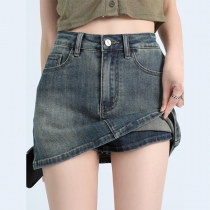 Retro High-Waisted Denim Skort with Fitted Silhouette