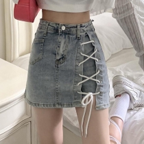 A-Line Denim Mini Skirt with Side Slit and Adjustable Straps