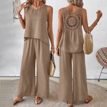 Fashion Hollowout Two-piece Set Consist of Sleeveless Shirt and Straight-cut Pants