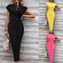 Elegant Solid Color Crew Neck Cap Sleeve Ruched Bodycon Dress