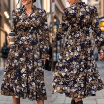 Fresh Style Floral Printed V-neck Long Sleeve Midi Dress