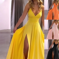 Sexy Solid Color V-neck Backless Slit Maxi Dress