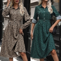 Fashion Printed Stand Collar Tab-sleeve Cinch Waist Midi Dress
