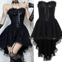 Vintage Jacquard Lace Spliced Strapless High-low Hemline Dress for Party/ Halloween/Cosplay