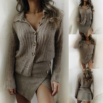 Fashion Stand Collar Long Sleeve Distressed Knitted Cardigan