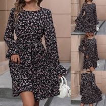 Fashion Floral Printed Crew Neck Long Sleeve Self-tie Waist Mini Dress
