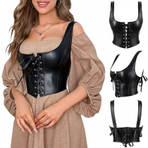 Fashion Lace-up Artificial Leather PU Crop Corset Shirt
