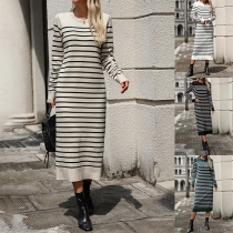Fashion Contrast Color Stripe Printed Crew Neck Long Sleeve Knitted Dress
