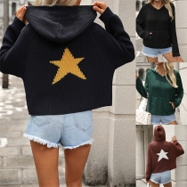 Casual Kangaroo Pockets Long Sleeve Star Pattern Hooded Sweater