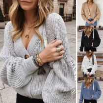 Casual Solid Color Lantern Long Sleeve Knitted Cardigan