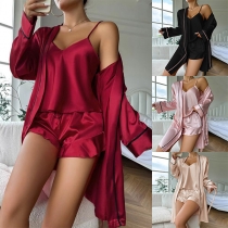 Fashion Solid Color Three-piece Loungewear Set Consist of Cami Top, Shorts and Robe